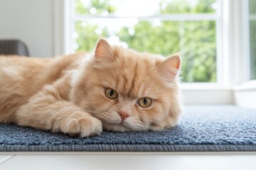 Fluffy cat relaxing on blue carpet indoors. 