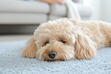 Cute fluffy dog looking  on a blue carpet, cozy indoor setting, pet companionship