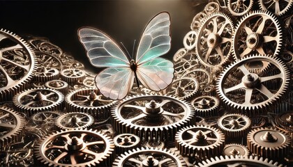A delicate butterfly with shimmering translucent wings gracefully floating through a complex mechanical gear system.
