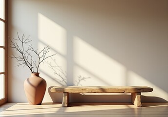Fototapeta premium Rustic wooden bench and clay vase with branch near beige grunge stucco wall with copy space. Japandi, wabi-sabi home interior design of modern living room