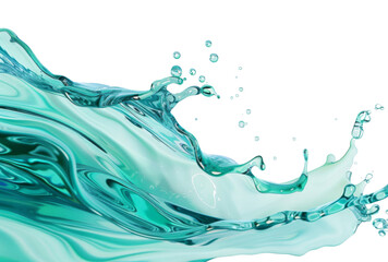 Vibrant turquoise wave crashes against an unseen surface, frozen in mid-air, forming a dynamic splash with suspended droplets, isolated on transparent background