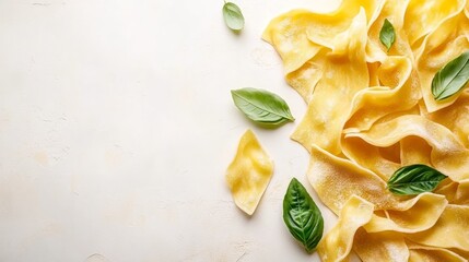 Fresh pasta sheets are beautifully laid out alongside vibrant green basil leaves on a light surface, perfect for a cooking project or culinary showcase