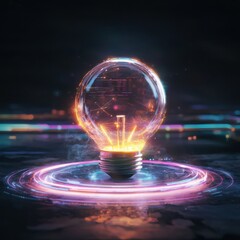 Illuminating ideas futuristic light bulb surrounded by digital interfaces tech icons and neon lights in a dark environment