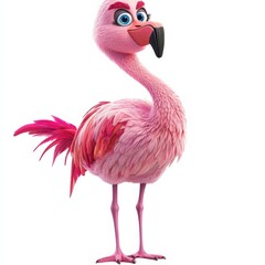 Obraz premium cartoon pink flamingo stands on a white background