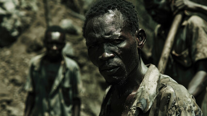 Obraz premium Determined African woman working in a dark mining cave