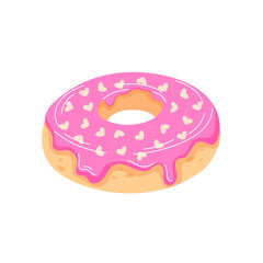 Pink frosted donut with heart shaped sprinkles in cartoon. A delicious and decorative dessert for Valentine Day, romantic theme and sweet celebration.