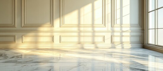 Fototapeta premium Sunlit Elegance: Empty Room with Marble Floor and Ornate Wall Panels