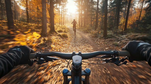 riding a mountainbike during fall in the forest during sunset with a frontal angle