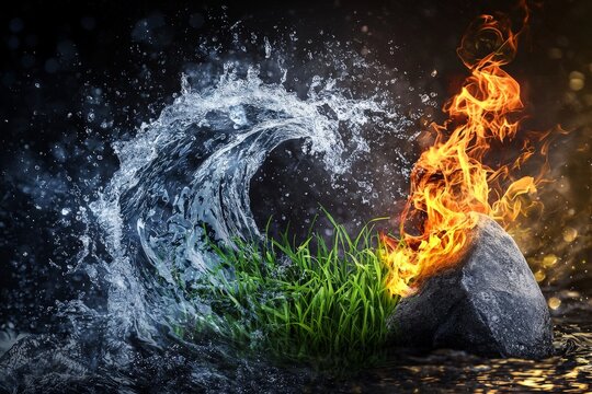 Powerful wave of water and fire, with the elemental symbols for wind in an arched shape around it. A rock on which there is green grass growing out from under the stone, against a dark background