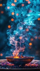 Vibrant Smoke Swirling Above a Bowl of Incense with Glowing Bokeh Lights