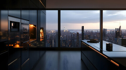 Fototapeta premium Modern Penthouse Kitchen with Stunning Cityscape View