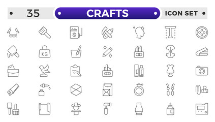 Set of Crafts outline icons related to carpentry. Pencil, pen, brush, bucket paint, palette knife, roller, palette, marker and more. Linear icon collection.