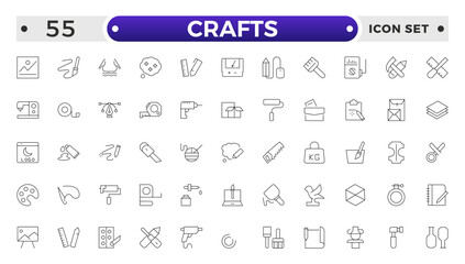 Set of Crafts outline icons related to carpentry. Pencil, pen, brush, bucket paint, palette knife, roller, palette, marker and more. Linear icon collection.