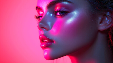 Close-up portrait of a woman's face with vibrant lighting.