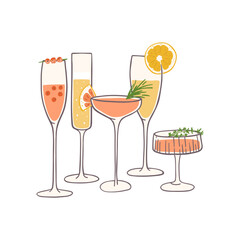 Hand drawn different cocktails composition. Festive drinks set. Design for bar menu, New Year party, stickers or alcohol cook book recipe