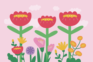 a picture of flowers with a pink background with a white cloud in the middle.