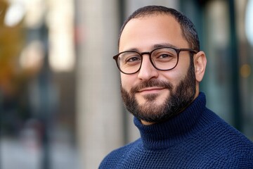 Obraz premium A man with glasses and a beard is smiling at the camera