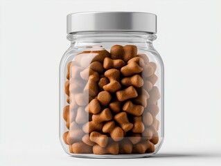 Small glass jar filled with dark brown dog food set on a white background in a clean studio environment