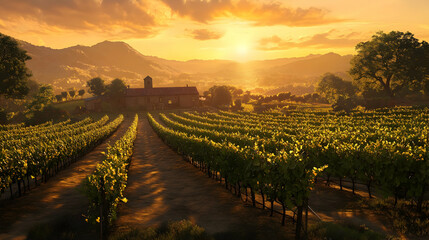 Fototapeta premium Sunlit Vineyard Landscape: Golden Hour in the Countryside