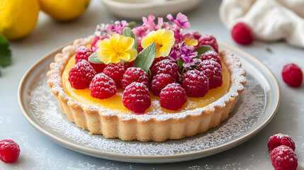 A delightful Lemon Raspberry Tart, adorned with edible flowers. A perfect summer dessert!