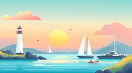 Naklejka premium Serene seascape in a horizontal flat style background. Summery banner featuring ships, a lighthouse, and a boat. Vivid vector illustration with a maritime theme.