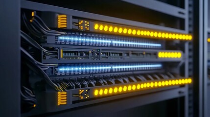 Closeup of a network switch and Ethernet cables in a rack cabinet with LED status indicators showing active connections in a data center