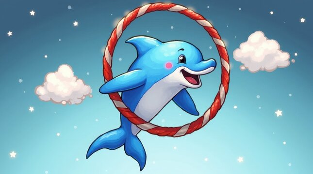 Playful Dolphin Jumping Through a Ring in a Colorful Cartoon Illustration