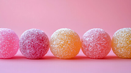 Obraz premium Colorful sugared gumdrops in a row on pink background.