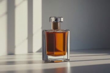 Elegant glass perfume bottle with warm amber liquid, illuminated by soft natural light creating artistic shadows and reflections on a minimalist surface