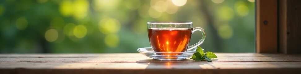 Fototapeta premium Tea in a glass cup on a metal table near a window, outdoors, window, cup