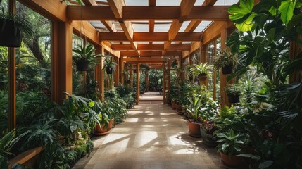 Fototapeta premium Sunlit walkway in a lush conservatory with wooden pergola and abundant potted plants.