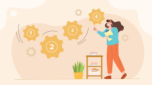 An illustration of a step-by-step workflow process, featuring a series of connected stages or steps, each represented by icons or symbols, guiding the viewer through a clear, organized sequence of act