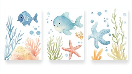 Naklejka premium Set of sea watercolor style cards. Underwater creatures, starfish, coral, fish. 