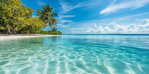 Fototapeta premium Crystal clear shallow waters create a serene environment, showcasing the beauty of nature with vibrant reflections in the crystal clear shallow waters all around.