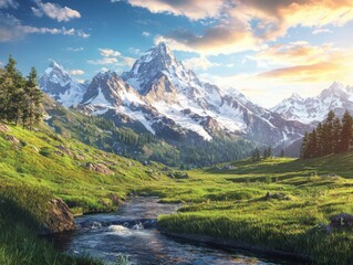 Tranquil mountain landscape at dusk with snowcapped peaks grassy field stream and dense forest