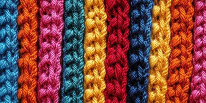Vibrant seamless knitted pattern showcases a crocheted design created with bright acrylic yarn. This texture features multi colored stitches and an eye catching complementary color combination.