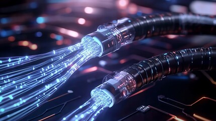 Network cables with a background of glowing fiber optics emphasizing the communication and connection concept