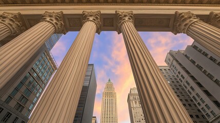 Dramatic courthouse exterior featuring towering stone columns and grand architecture, symbolizing justice, authority, and the importance of legal proceedings in society.