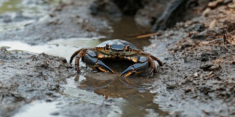 A small mud crab is concealed in the sludge along a muddy riverbank, showcasing the habitat of mud crabs in a rich ecosystem characterized by mangrove forests. The mud crab thrives in this