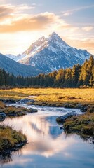 Breathtaking sunset over snowcapped mountain peaks river valley nature scene evergreen forest serene landscape