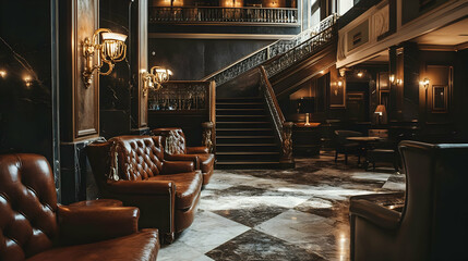 Opulent Hotel Lobby with Grand Staircase and Leather Seating