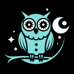 Mysterious Steampunk Owl Design with Gears and Moonlit Glow For T-shirt Design