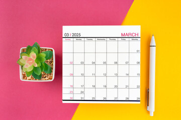 White calendar for March 2025 and pen on beautiful background.
