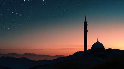 Serene Silhouette of a Mosque Against a Starry Sky at Dusk with Rolling Hills and Majestic Mountains in the Background