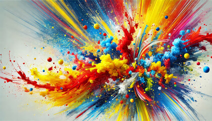 Obraz premium A vibrant abstract wallpaper with paint splashes in bright colors like yellow, red, blue, and green, creating an energetic and artistic composition.
