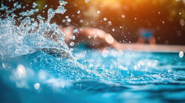 Refreshing Splashes: Swimmer Creates Dynamic Water Patterns in Sunlit Pool