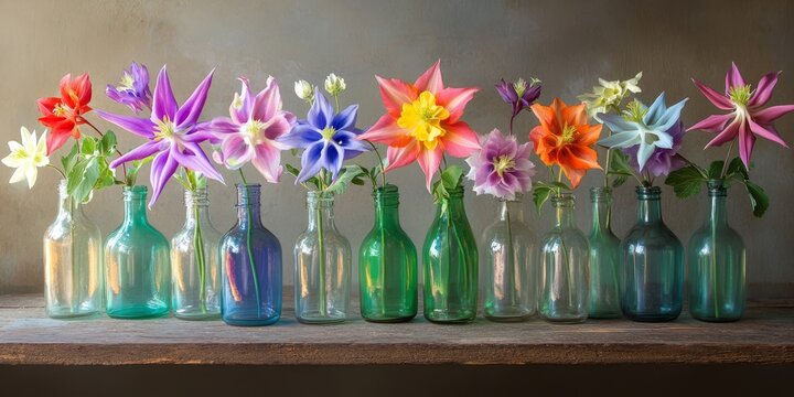 Summer still life featuring vibrant Columbine flowers displayed in elegant glass bottles, capturing the beauty of Columbine flowers in a fresh and artistic arrangement.