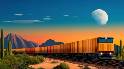 Vibrant Desert Landscape with a Freight Train Approaching Under an Evening Sky Featuring an Enormous Moon and Distant Mountains