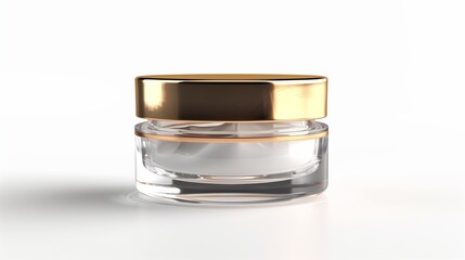 A luxury glass jar of face cream with a gold lid, isolated on a white background.