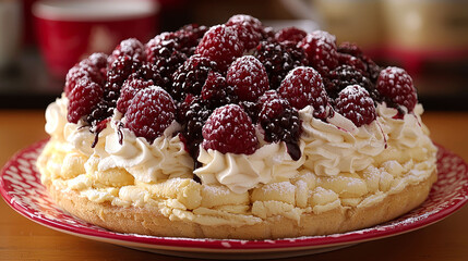 Delicious raspberry and blackberry cream cake on a red plate.